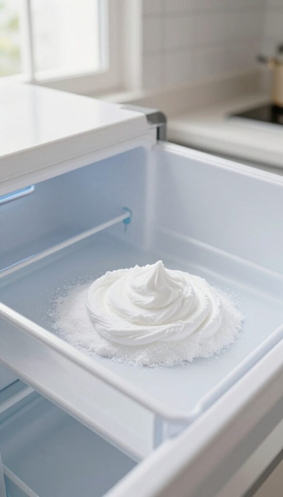 Crisper drawer with baking soda paste applied for cleaning