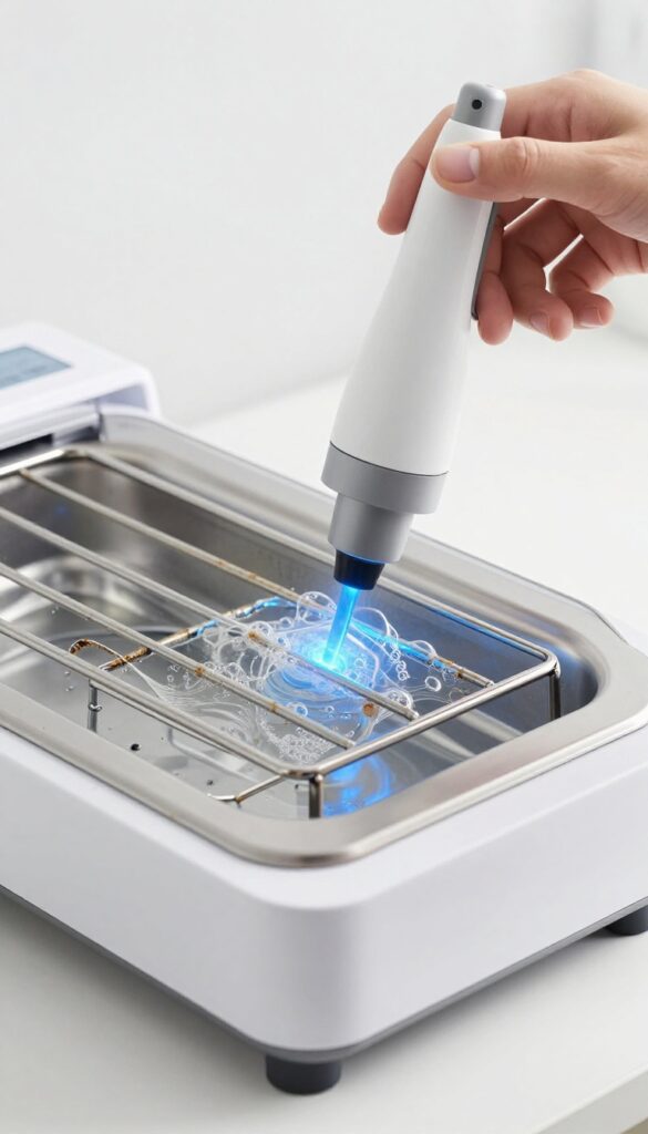 Oven rack being cleaned in an ultrasonic cleaning machine with bubbles and blue light