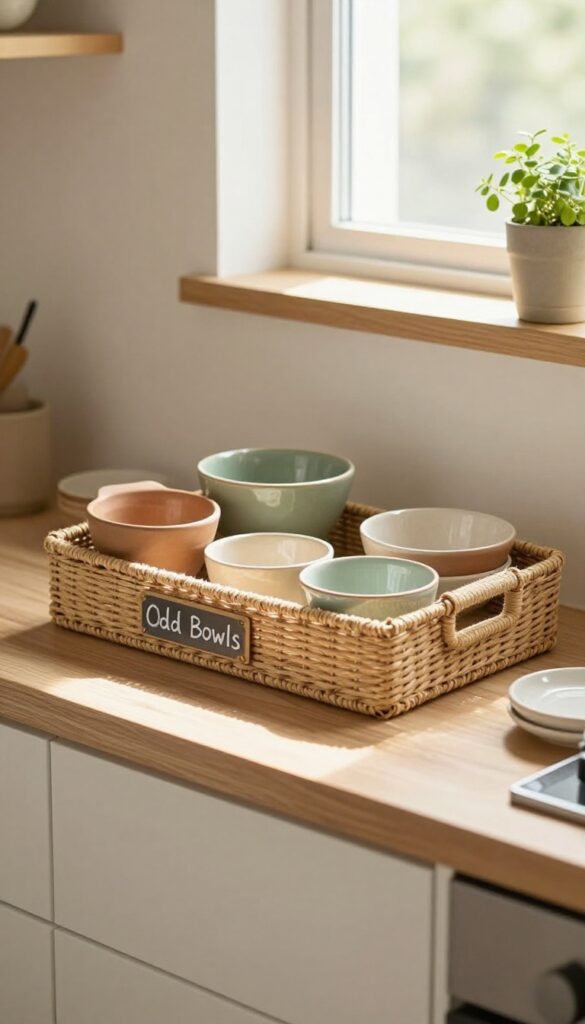 Woven seagrass bin labeled 'Odd Bowls' on a wooden shelf, holding assorted ceramic bowls in warm, earthy colors, with soft natural light and a cozy kitchen vibe.
