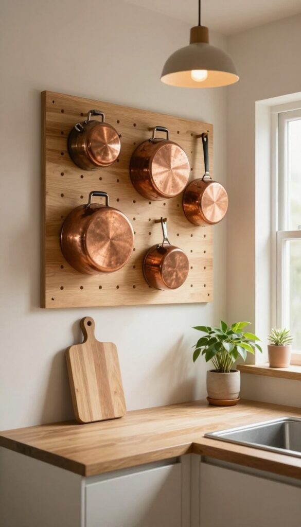 Cozy kitchen with wooden pegboard storing pots and pans, warm lighting, and plant on counter.