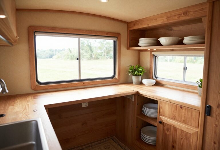 Cozy camper kitchen with open shelving, rug, and natural light