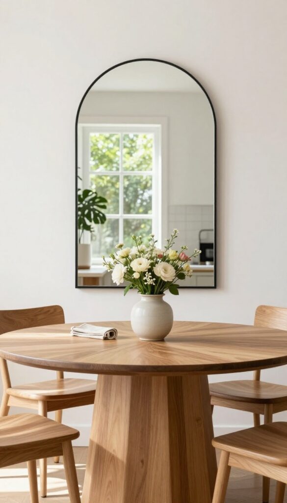 A large arched mirror hung above a round wooden kitchen table, reflecting natural light from a window, with a simple floral centerpiece.