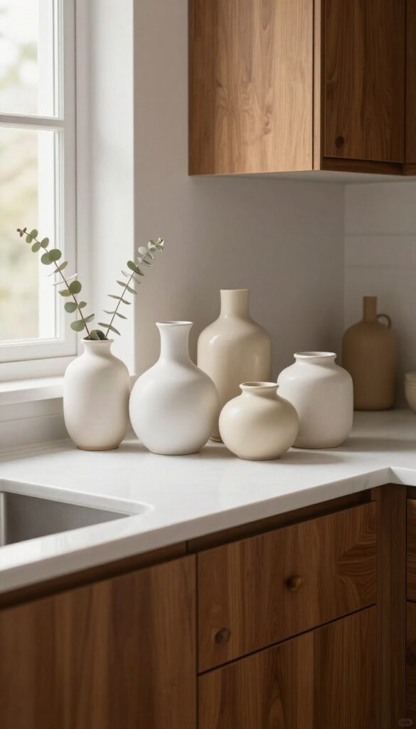 Close-up of white and cream ceramic vases and a pitcher on a kitchen counter with brown cabinets, bathed in natural light from a nearby window.