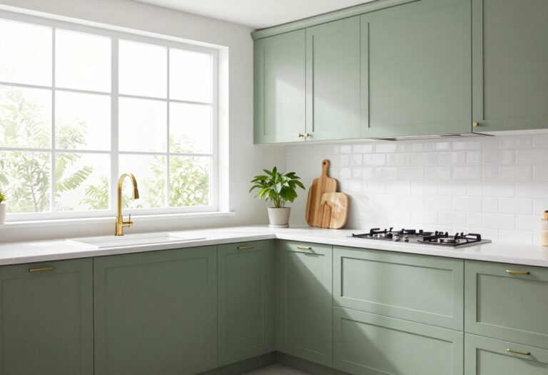 Modern kitchen with sage green cabinets, white countertops, and brass hardware, bathed in natural light.