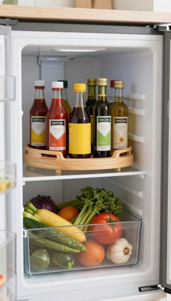Open refrigerator with a wooden lazy Susan holding condiment bottles, organized and illuminated by natural light.
