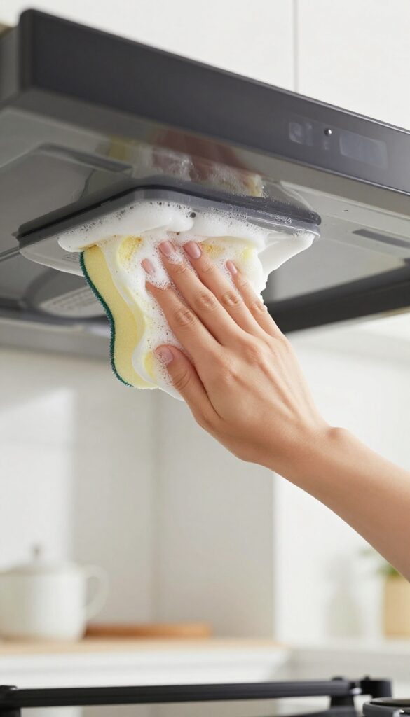 Person cleaning the oven ceiling with a long-handled sponge