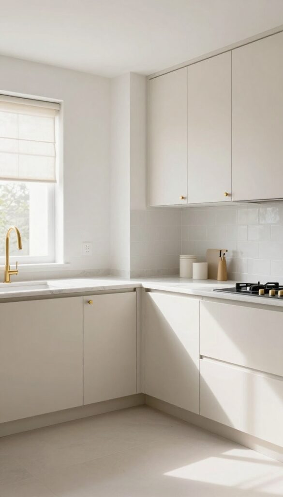 Small kitchen with light color palette from floor to ceiling, featuring white cabinets, pale greige countertops, and natural light.