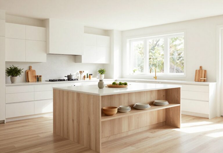 Modern kitchen island with open shelving and deep drawers, styled with dishes and a plant.