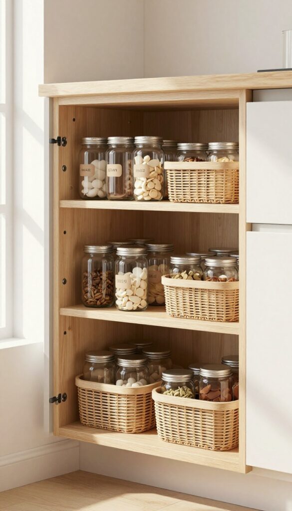 Pull-out pantry shelves in a modern kitchen, organized with jars and baskets, bright natural light.