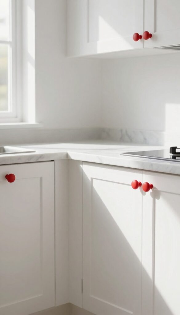 Close-up of white kitchen cabinets with matte red knobs and pulls, bright natural light, clean composition