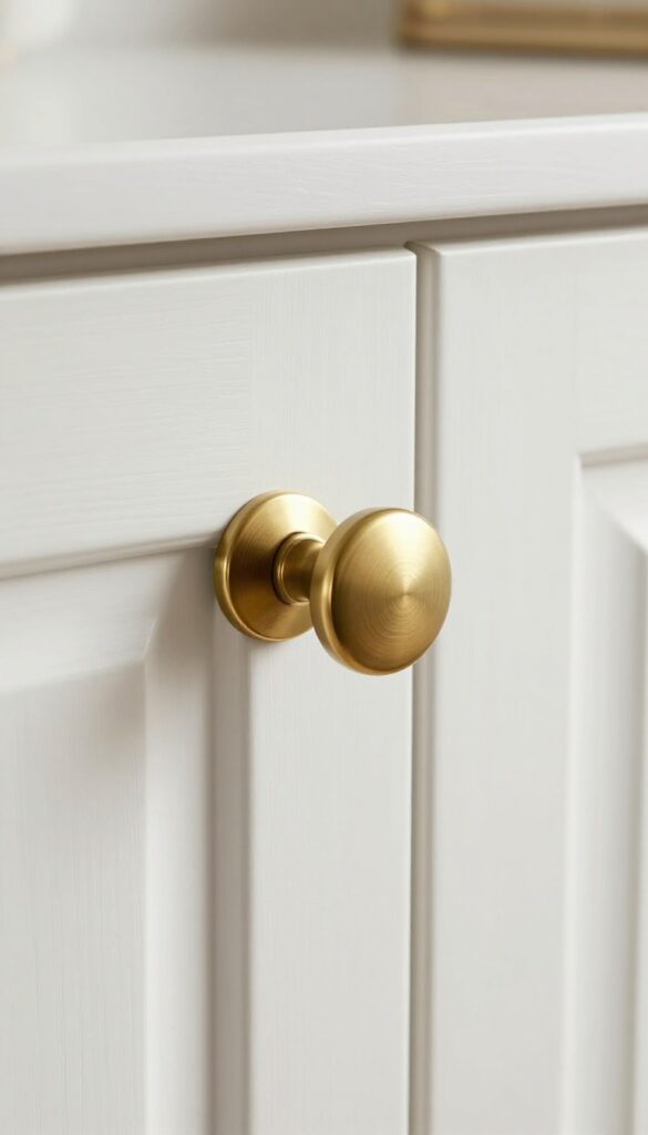 Close-up of a white kitchen cabinet with a brushed brass crown-shaped knob, soft natural light, clean and elegant composition.