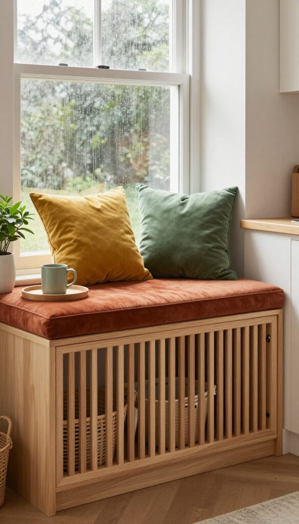 A kitchen window seat made from a radiator cover with a cushion and pillows, baskets underneath, and a tray with a mug and plant.