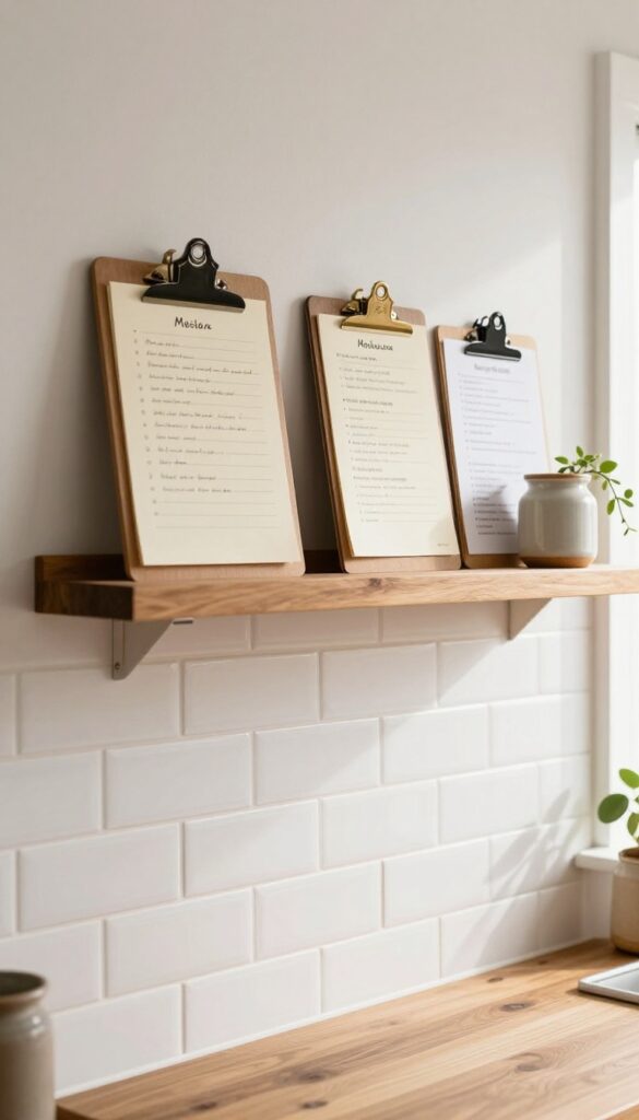 Cozy kitchen wall with tiered shelf and clipboards holding notes and menus, warm natural light.