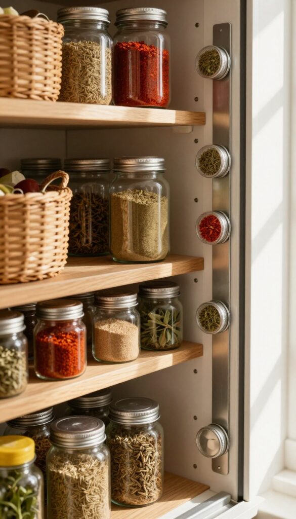 A magnetic strip on a pantry door holding small metal spice jars, with warm natural light and organized shelves in the background.