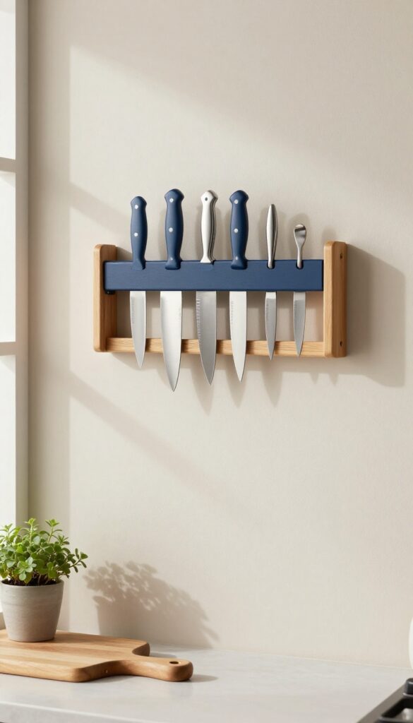Magnetic knife strip with wooden frame mounted on kitchen wall, knives attached, bright natural light, clean and stylish