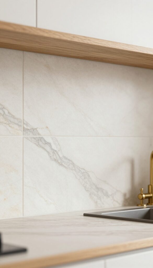 Natural stone kitchen backsplash with subtle veining, warm wood shelves, and brass fixtures