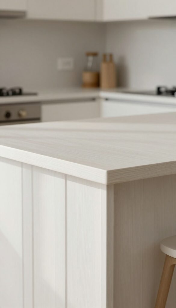 Close-up of a kitchen island with fluted legs in warm white, showing vertical grooves and texture, with a butcher block top in a bright kitchen.