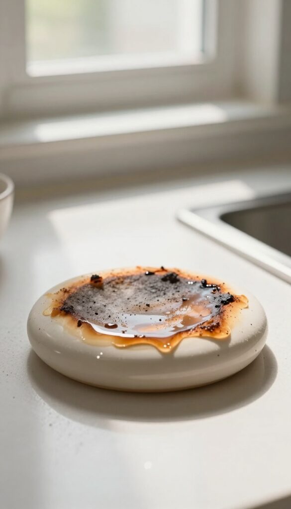 Wet pumice stone on ceramic glass oven surface for cleaning burnt spots