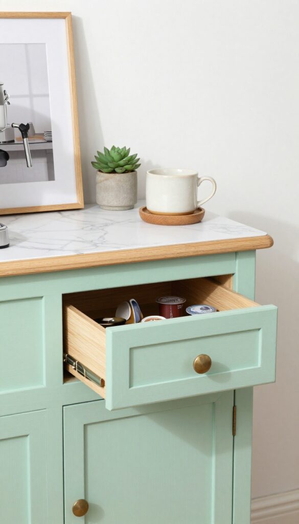 Repurposed vintage nightstand as a small coffee bar with espresso machine, mug, and succulent in bright kitchen corner