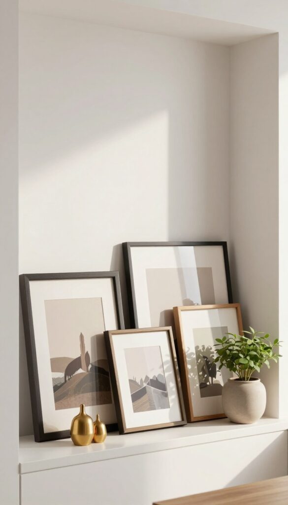 A shallow kitchen niche styled as a mini art gallery with leaning frames, a small plant, and warm lighting.