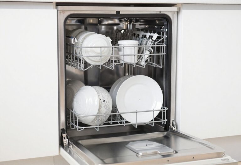 Clean dishwasher interior with sparkling dishes and fresh appearance