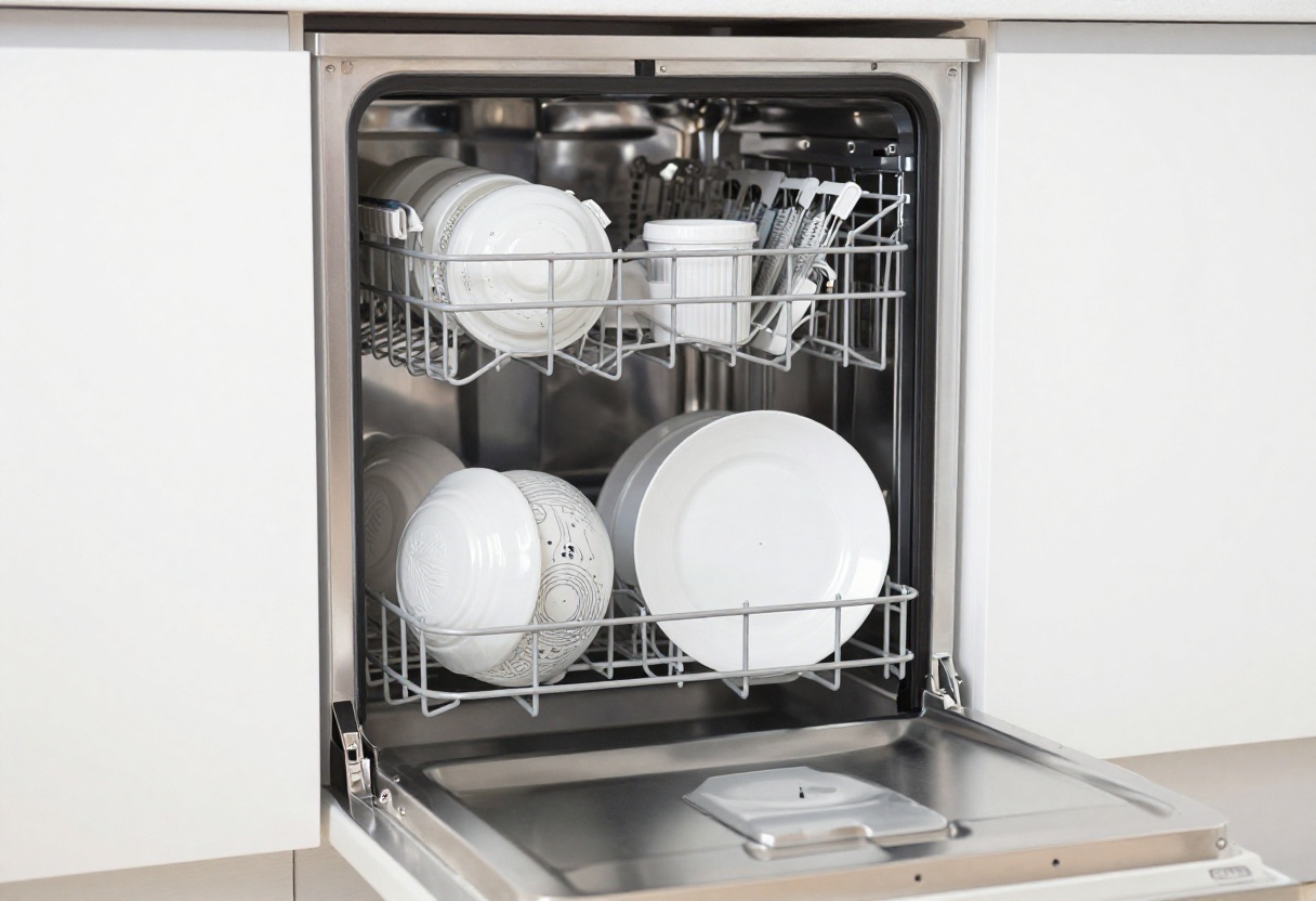Clean dishwasher interior with sparkling dishes and fresh appearance
