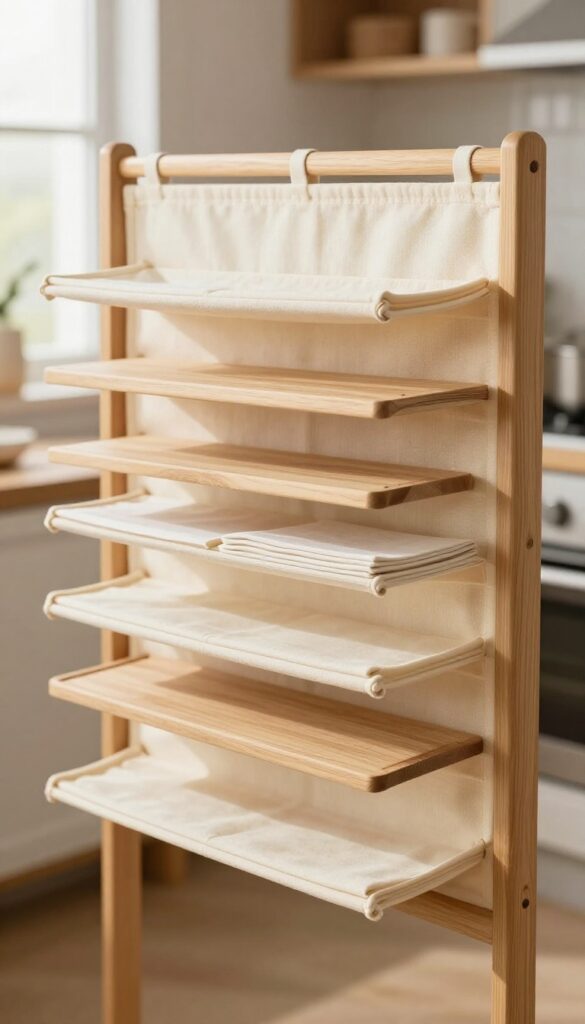 Under-table hanging organizer with pockets holding placemats and cutting boards, natural light, kitchen table