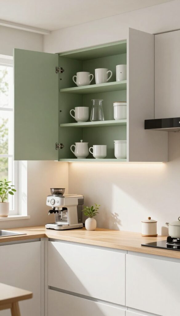 Kitchen with open and closed upper cabinets, open shelves styled with mugs and canisters, sage green interior, under-shelf lighting, bright natural light.