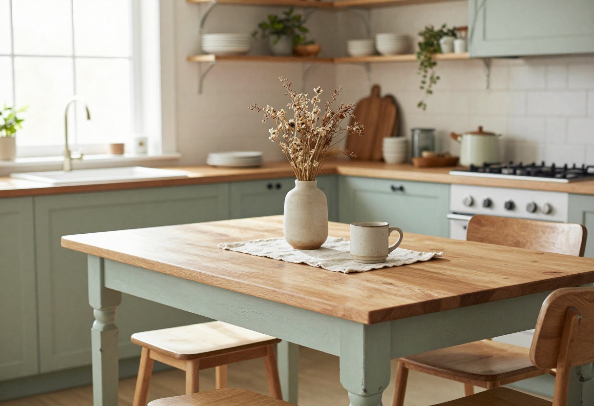 A cozy kitchen with a sage green painted wooden table, distressed finish, dried flowers, and natural light.