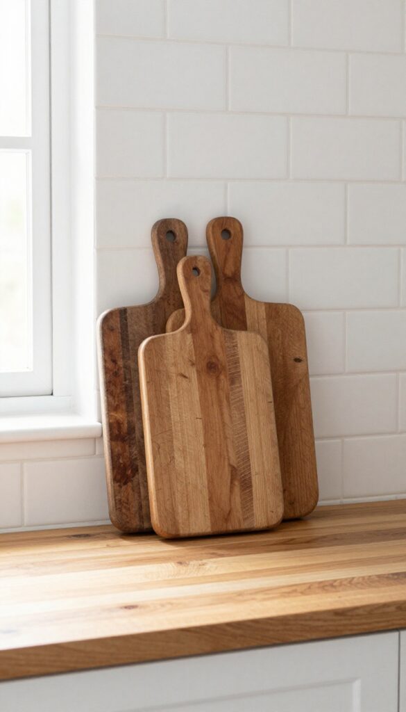Two vintage wooden cutting boards leaning against a white subway tile backsplash in a bright kitchen, adding warmth and texture.