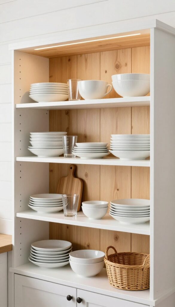 White open shelves on a light wood shiplap accent wall in a bright kitchen