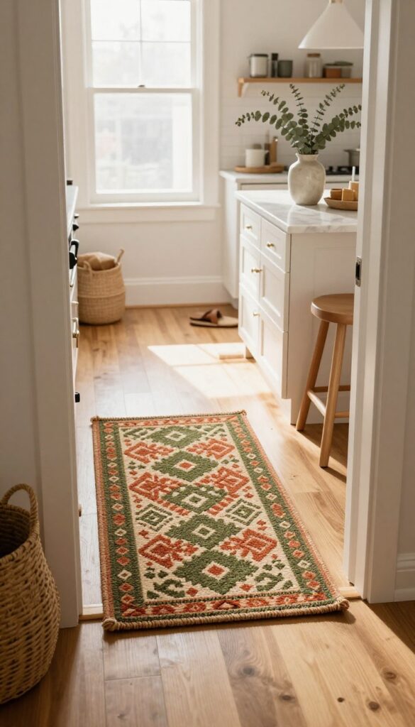A small geometric rug at the entrance of a warm, lived-in kitchen with natural light and earthy decor.