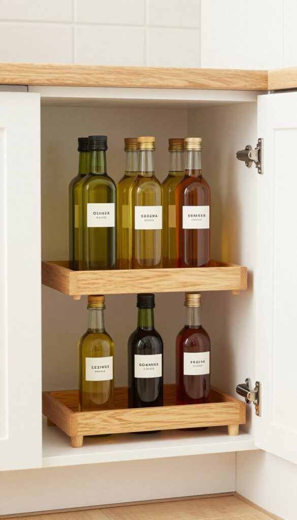 Open corner cabinet with a two-tier lazy Susan organizing cooking oil bottles