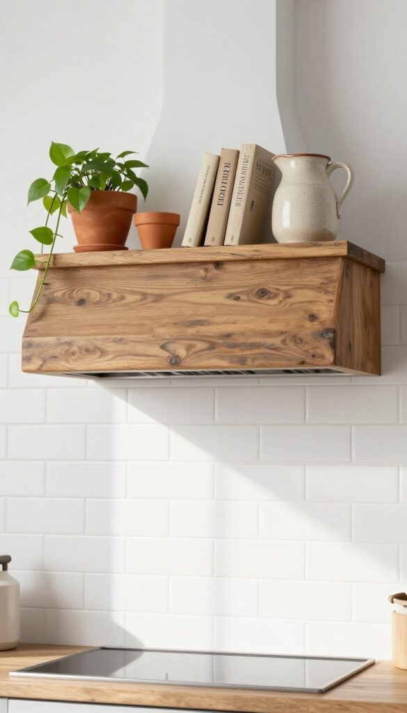 Reclaimed wood shelf above farmhouse range hood with cookbooks, plant, and ceramic pitcher in bright kitchen
