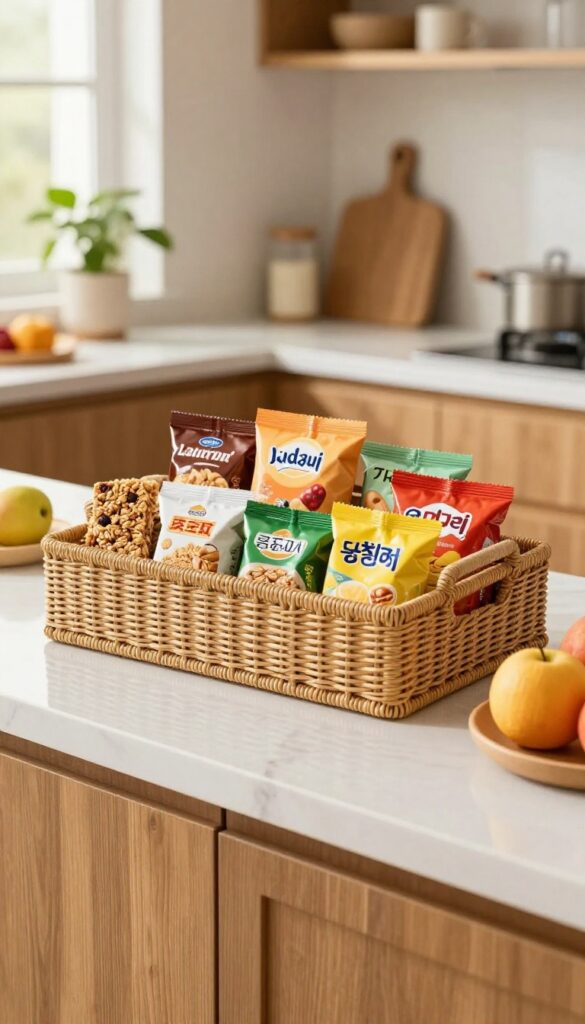 A woven snack caddy on a marble countertop filled with snacks and fruit, with natural light and a blurred kitchen background.