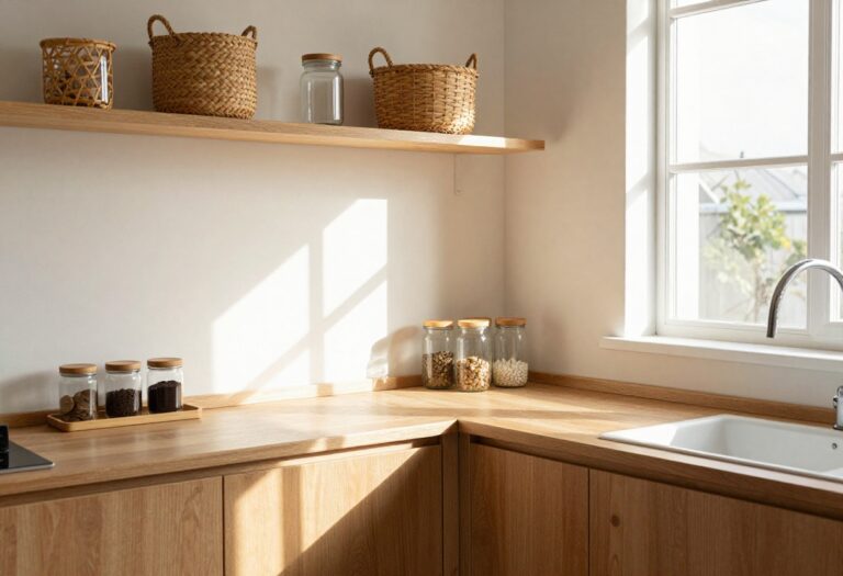 Cozy organized kitchen with open shelving, baskets, and a coffee station on a tray
