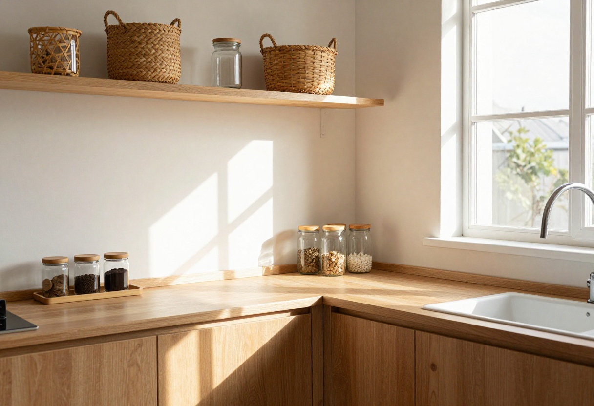 Cozy organized kitchen with open shelving, baskets, and a coffee station on a tray