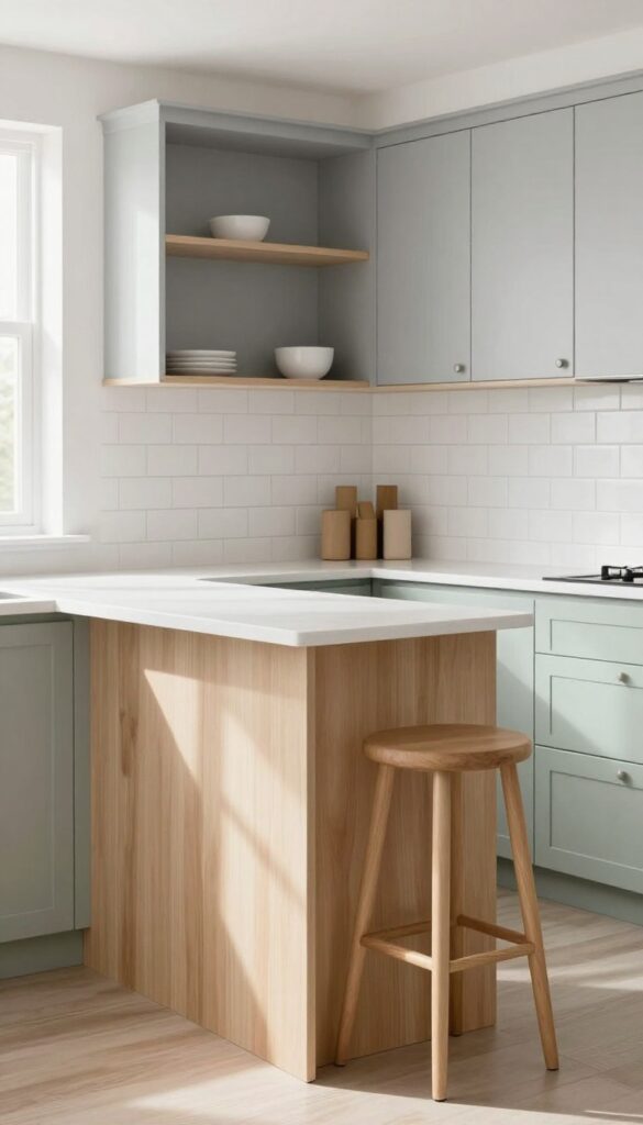 Small L-shaped kitchen with a peninsula, bar stools, open shelving, light gray and sage green cabinets, white quartz countertop, bright natural light
