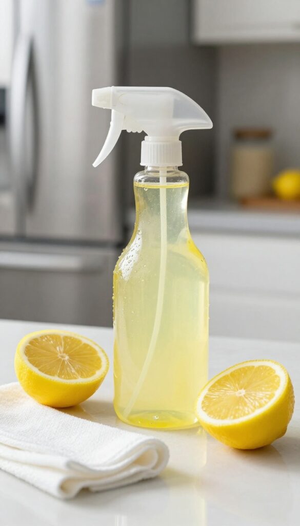 Spray bottle with lemon water and fresh lemon on kitchen counter