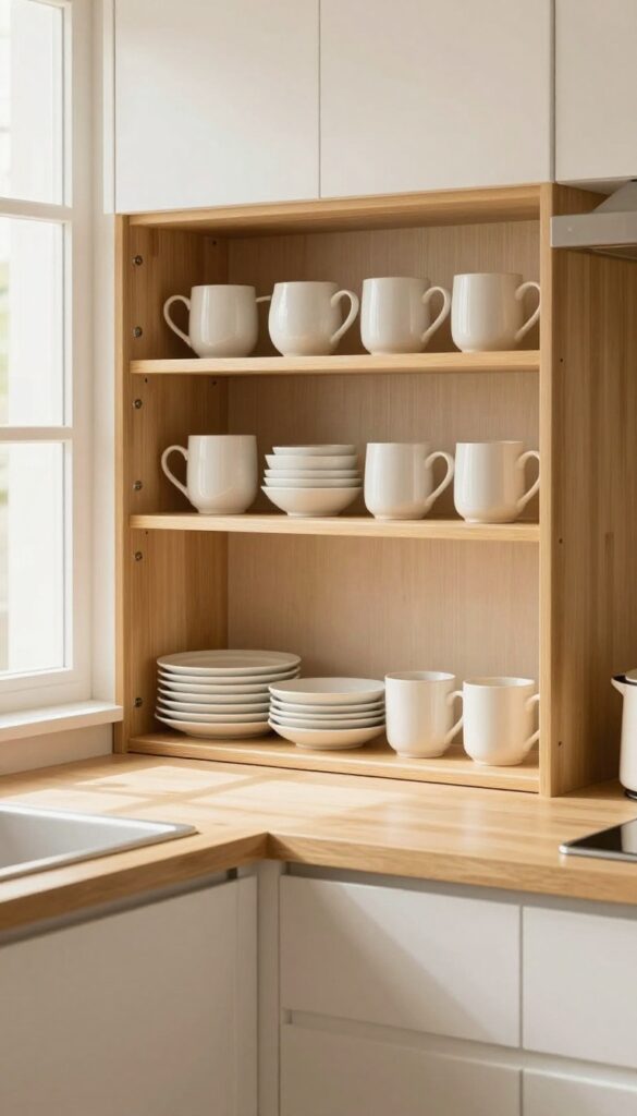 Open upper cabinet with bamboo tiered shelf organizing plates and mugs in a bright, cozy kitchen