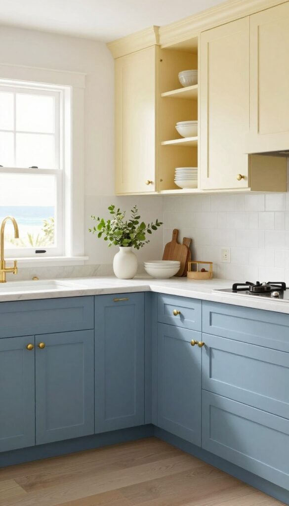 Coastal kitchen with soft blue lower cabinets and cream upper cabinets, brushed brass hardware, natural light, clean and airy.