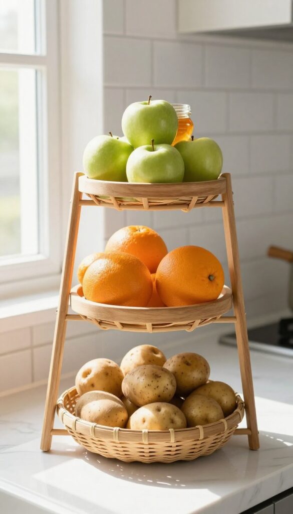 Tiered wooden basket stand on a kitchen counter filled with fresh fruit and snacks, with natural light and clean background.