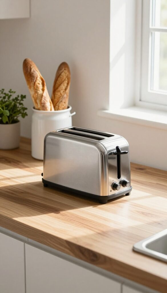 Kitchen countertop with a toaster on a wooden cutting board, a ceramic canister, and fresh herbs in natural light.