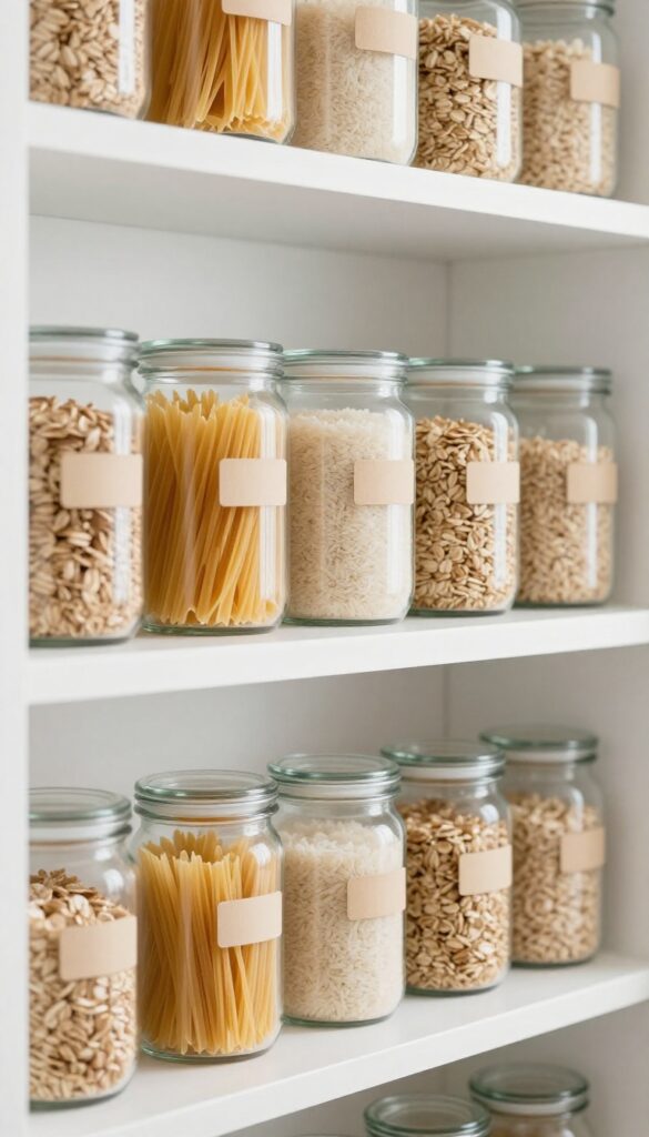 Clear glass containers with pantry staples on a white shelf, organized and labeled.