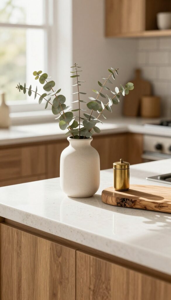 Warm white quartz countertop with soft veining, styled with natural decor and brass accents in a bright kitchen