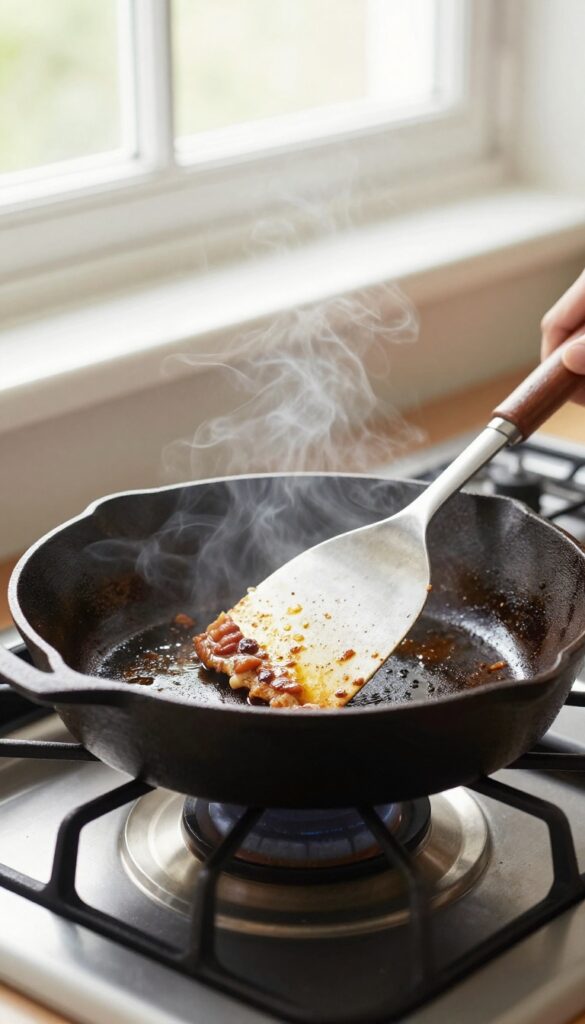 Warm cast iron skillet being scraped with a metal spatula, bright natural light