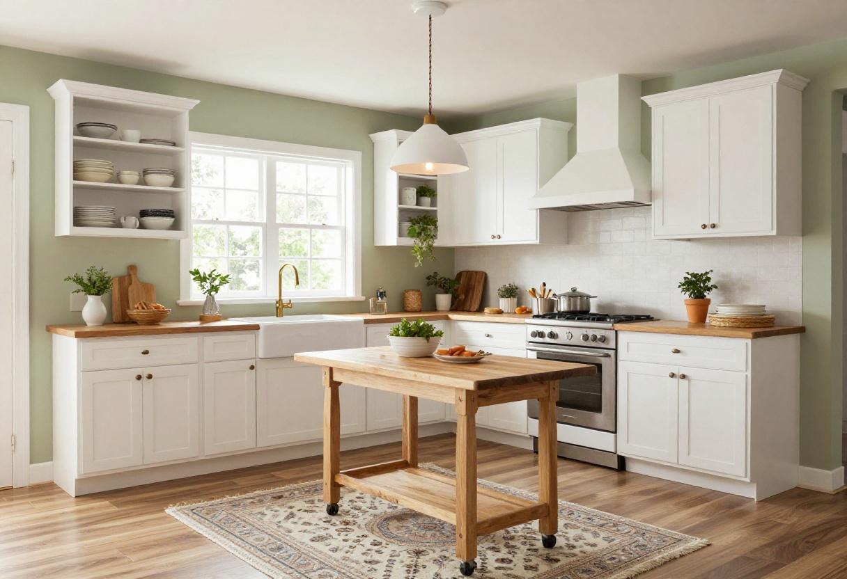 Cozy small basement kitchen with open shelving, island, and warm lighting