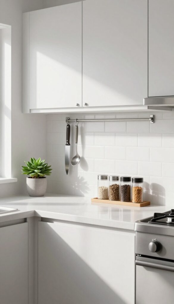 Magnetic strip under cabinet holding knives and spice tins in a bright rental kitchen