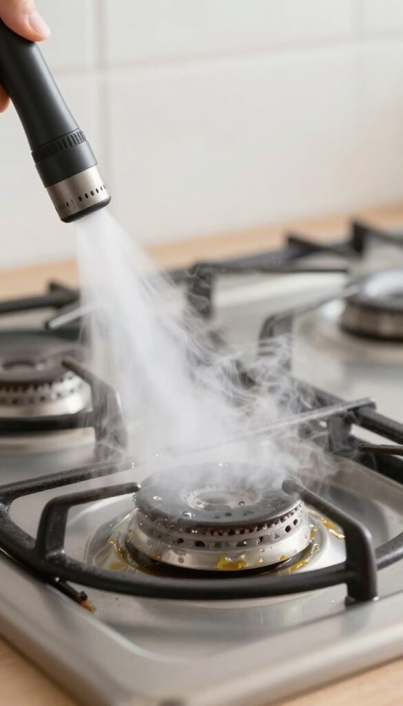 Handheld steam cleaner removing grease from stove burner grate