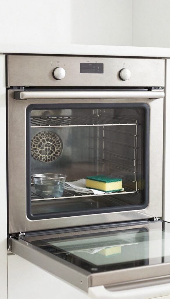 A clean oven interior with a sponge and bucket of water, ready for rinsing.